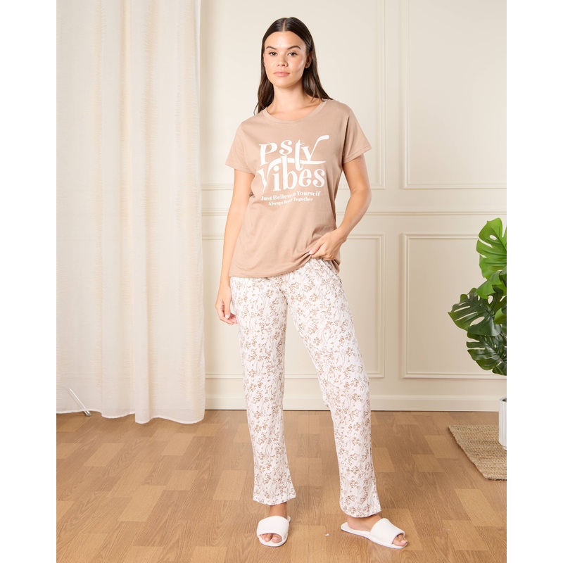 Women Beige Vibes Print Pyjama Set (2 Piece)