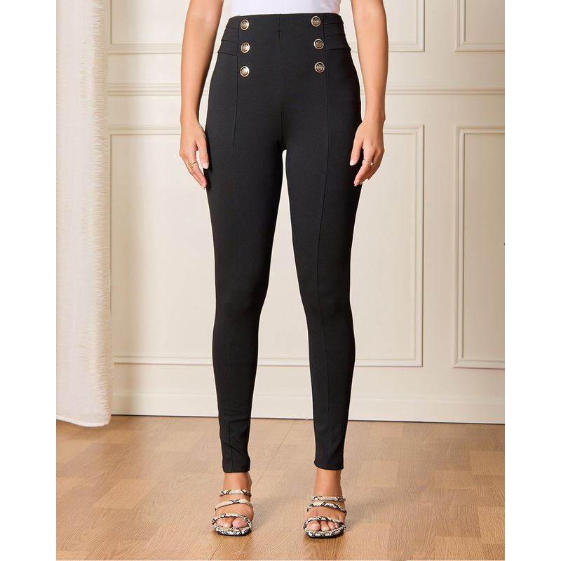 Women Black Button Detailed High Rise Leggings