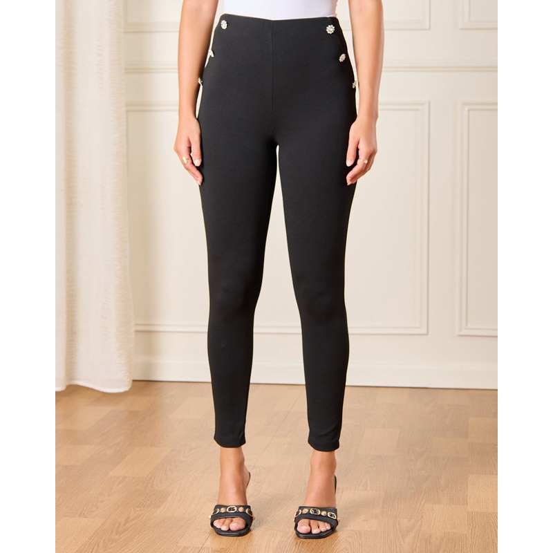 Women Black Button Embellished Leggings
