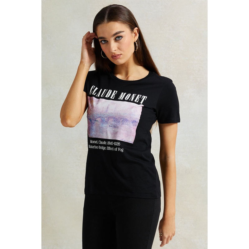 Women Black Claude Monet Printed T-Shirt