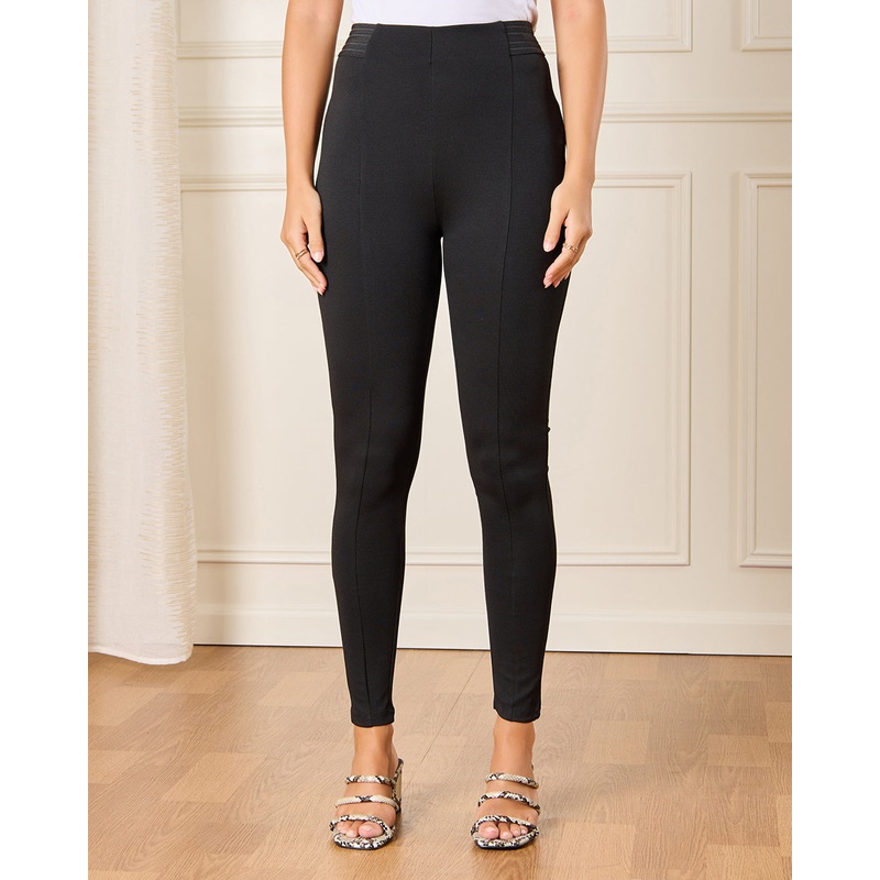 Women Black Elastic Detailed Leggings