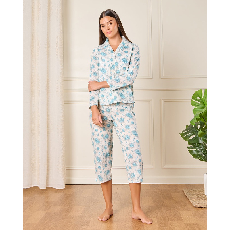 Women Blue Capri Collared Pyjama Set (2 Piece