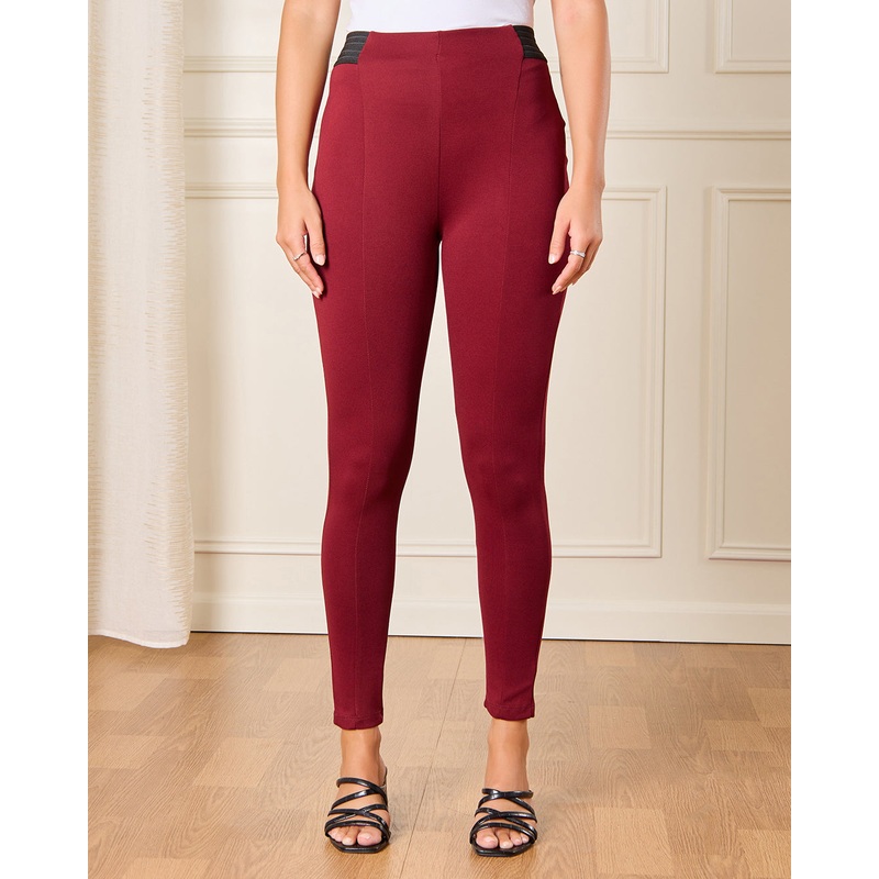 Women Burgundy Elastic Detailed Leggings