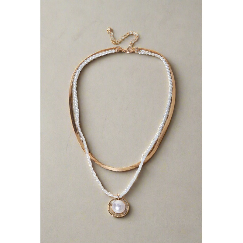 Women Gold And White Layered Embellished Necklace