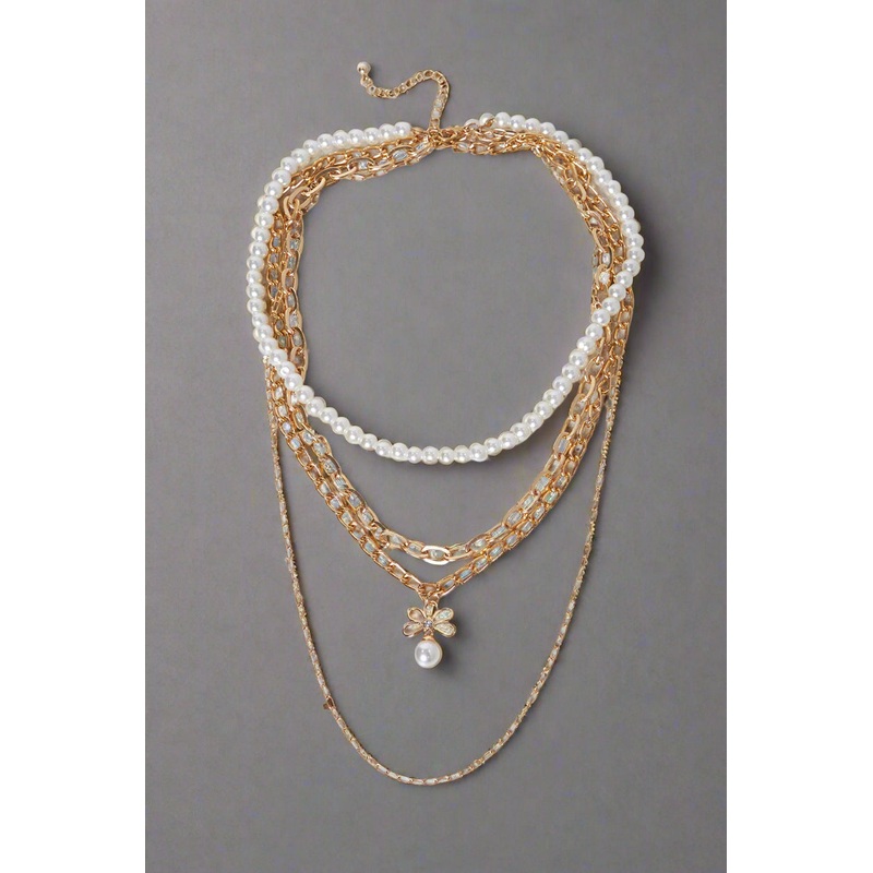 Women Gold Pearl Layered Embellished Necklace