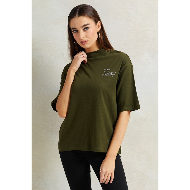 Women Olive High-Neck Boxy T-Shirt