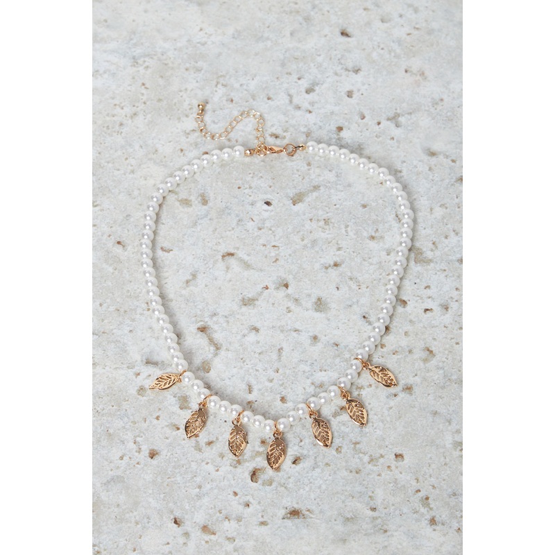 Women White And Gold Pearl Embellished Necklace