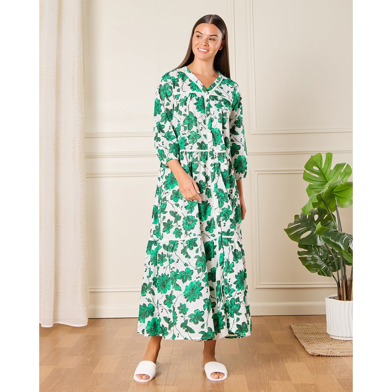 Women White And Green Printed Nightgown