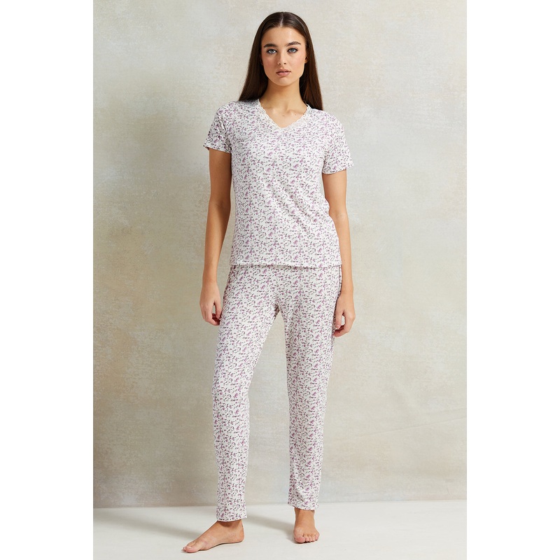 Women White And Purple Floral Printed Pyjama Set (2 Piece)