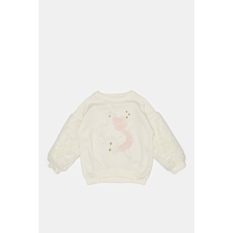 Infant Girls Ivory Embellished Fur Sleeves Sweatshirt