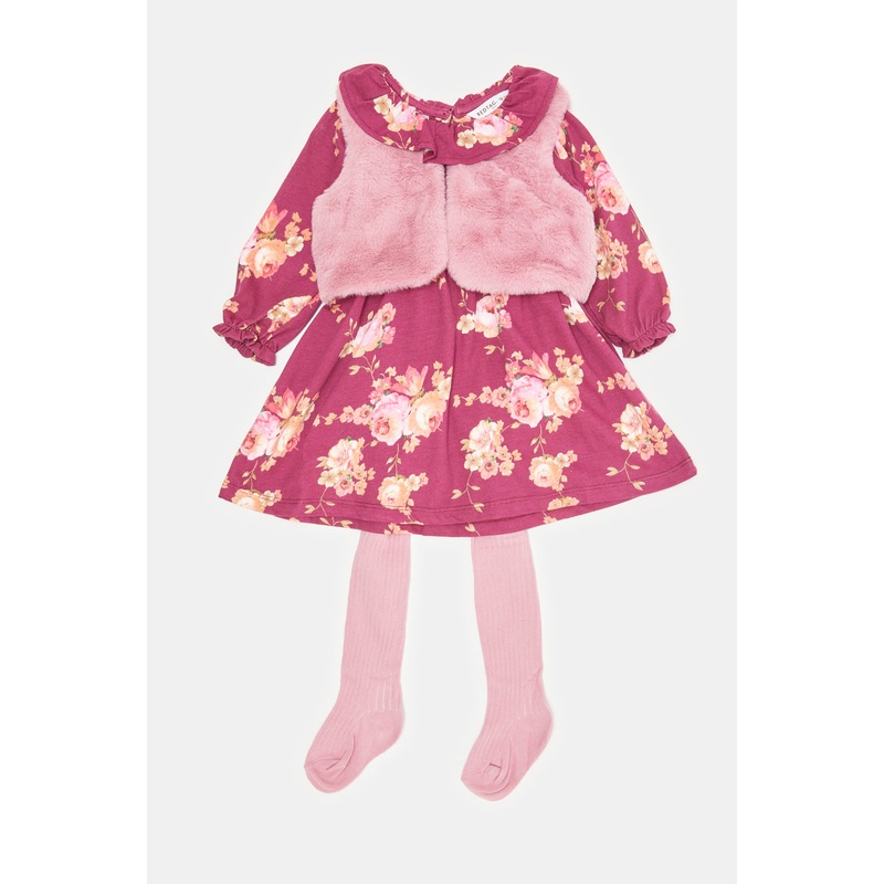 Infant Girls Purple And Pink Printed Dress Set With Tights (3 Piece)