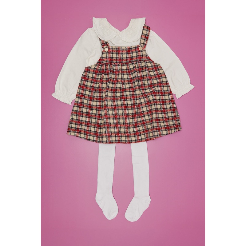 Infant Girls White And Red Checkered Dress With Tights Set (3 Piece)