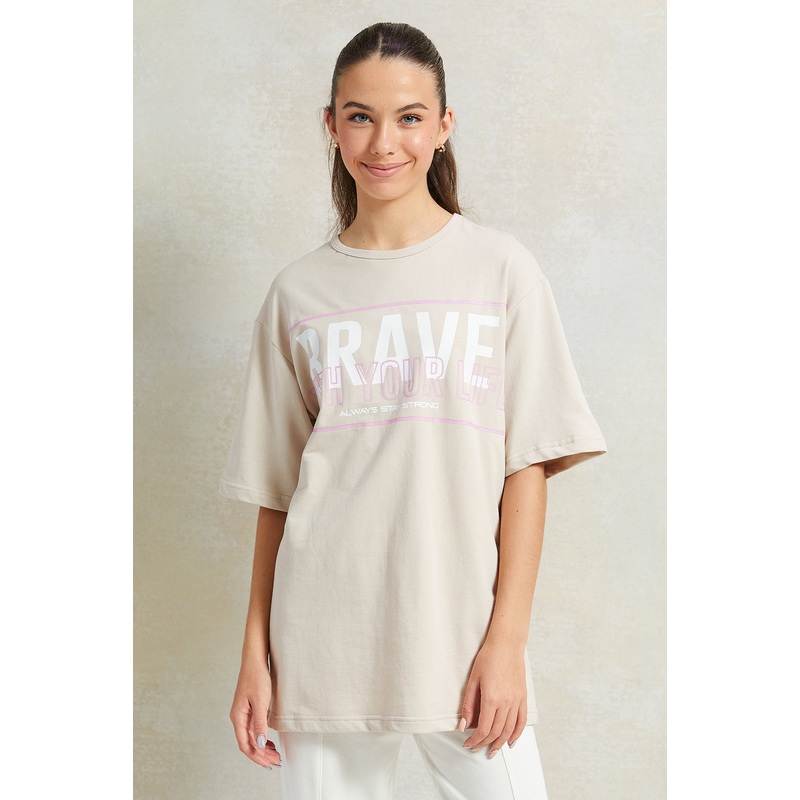 Senior Girls Beige Oversized Printed T-Shirt