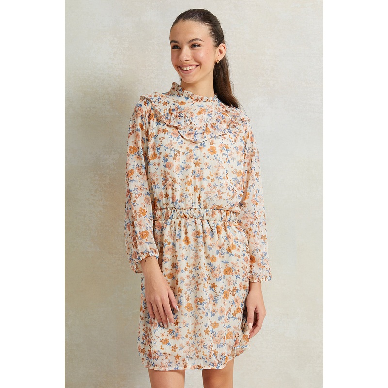 Senior Girls Ivory Floral Front Ruffled Chiffon Dress