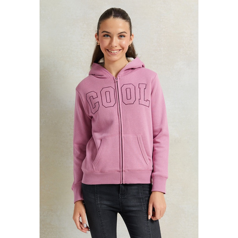 Senior Girls Pink Hooded Sherpa Lining Sweatshirt