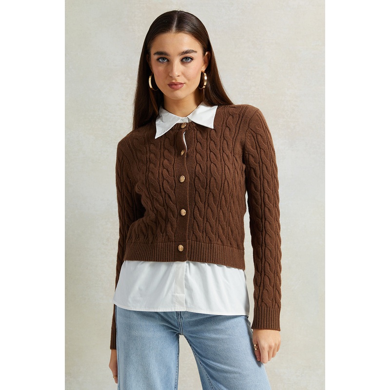 Women Beige Collared Mock Neck Sweater With Front Buttons