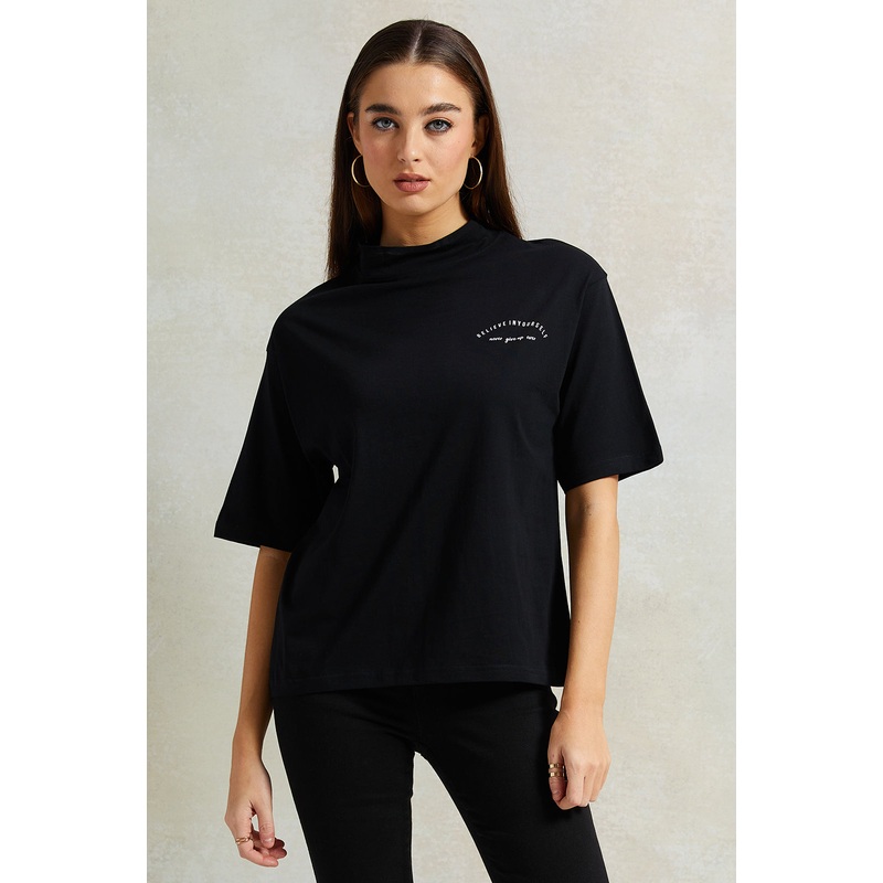 Women Black High-Neck Boxy T-Shirt
