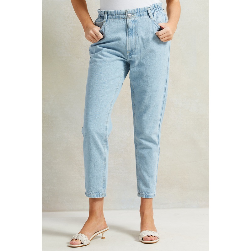 Women Blue Solid Paper Bag Jeans