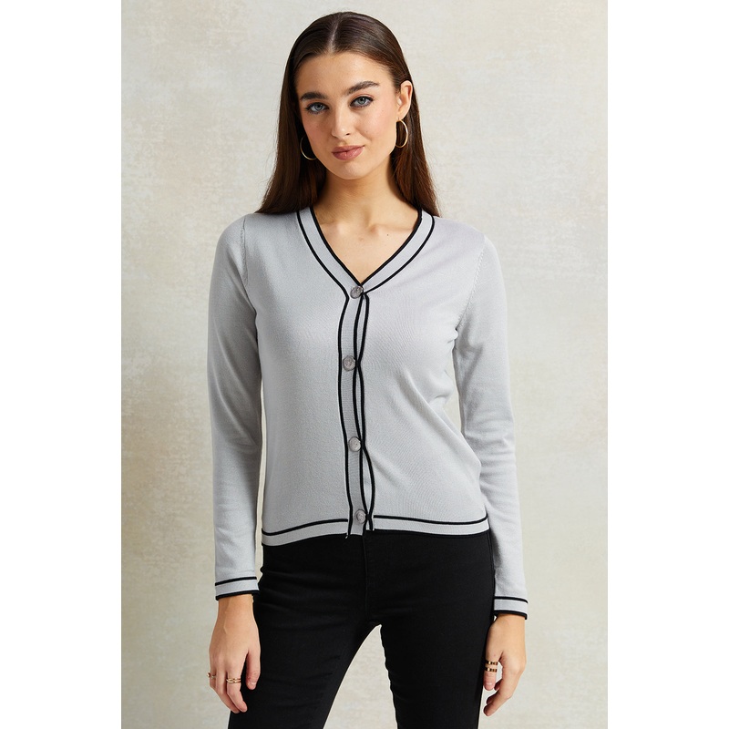 Women Grey Stripe Button Down Cardigan