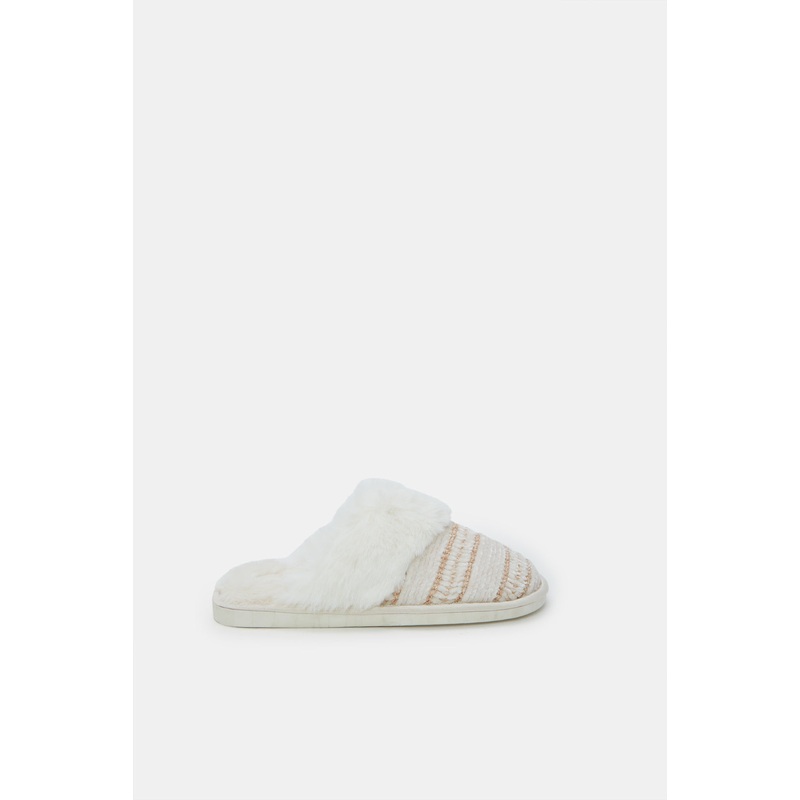 Women Ivory Chenille Fur Trim Slipper