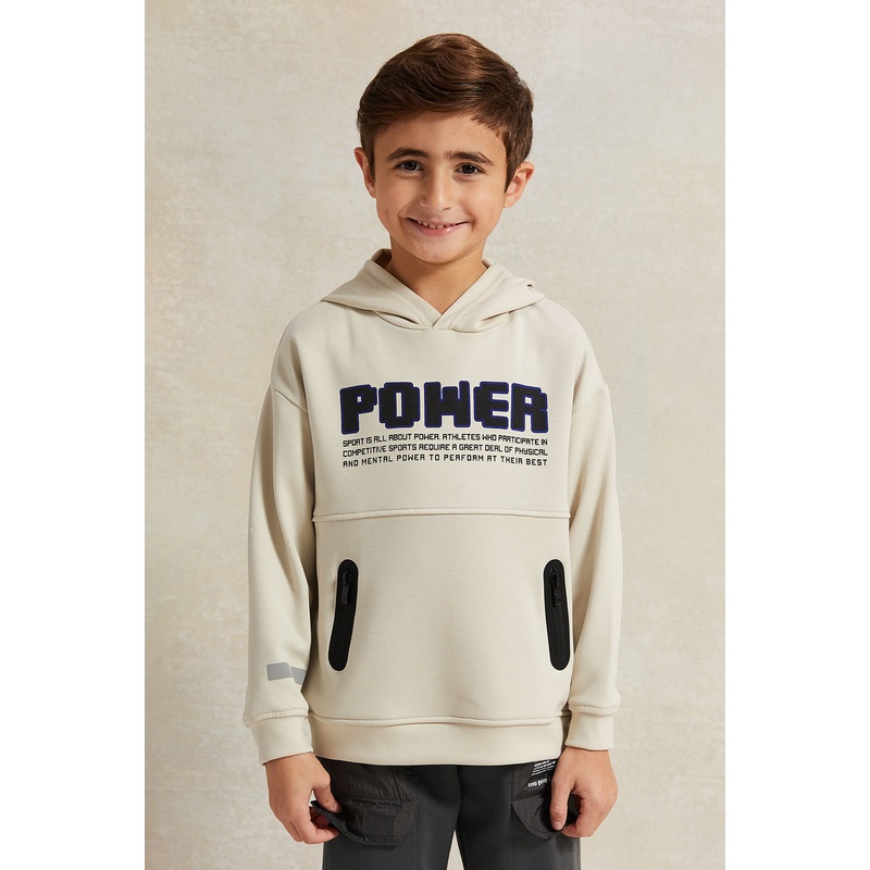 Boys Beige Hooded  Zip Pocket Sweatshirt