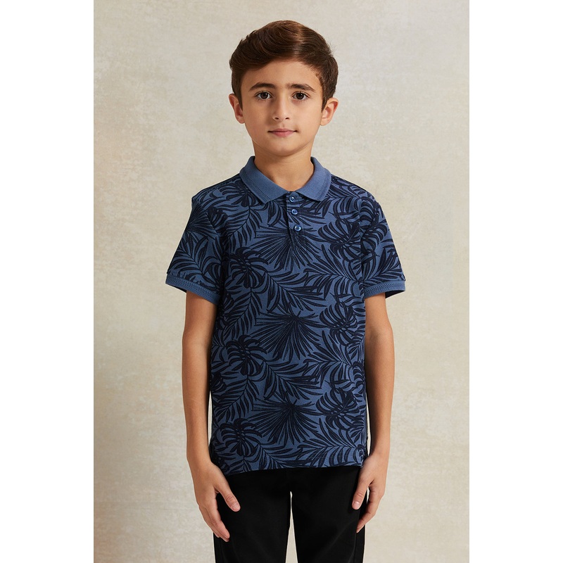 Boys Blue Pique Printed Polo Shirt