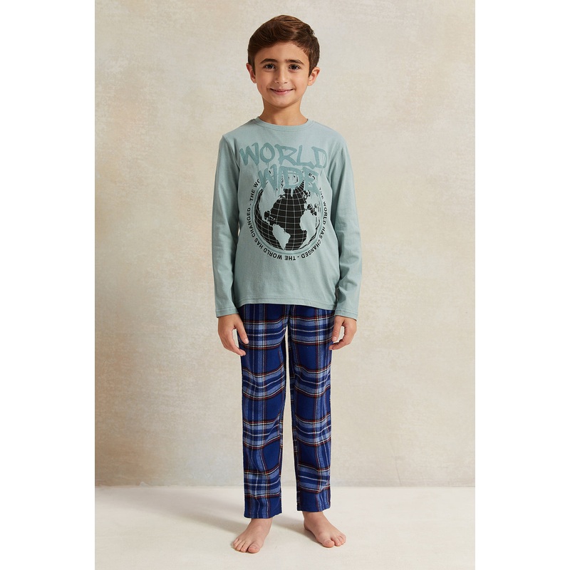 Boys Green And Navy Printed Pyjama Set (2 Piece)