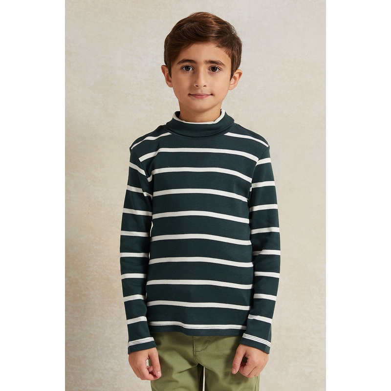 Boys Green And White Striped High-Neck T-Shirt