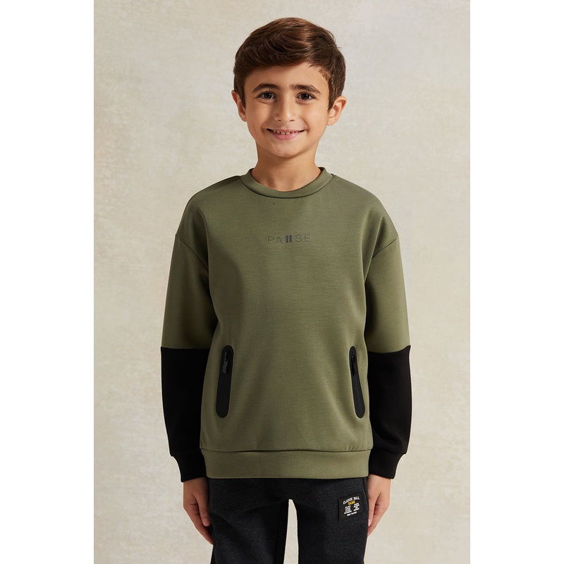 Boys Olive And Black Zip Pocket Sweatshirt