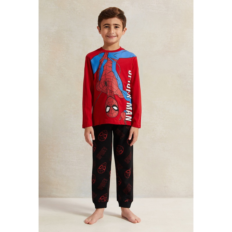 Boys Red And Black Spiderman Print Pyjama Set (2 Piece)