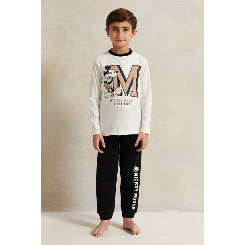 Boys White And Black Mickey Printed Pyjama Set (2 Piece)