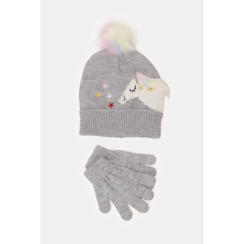 Girls Grey Unicorn Cap With Gloves (3 Piece)