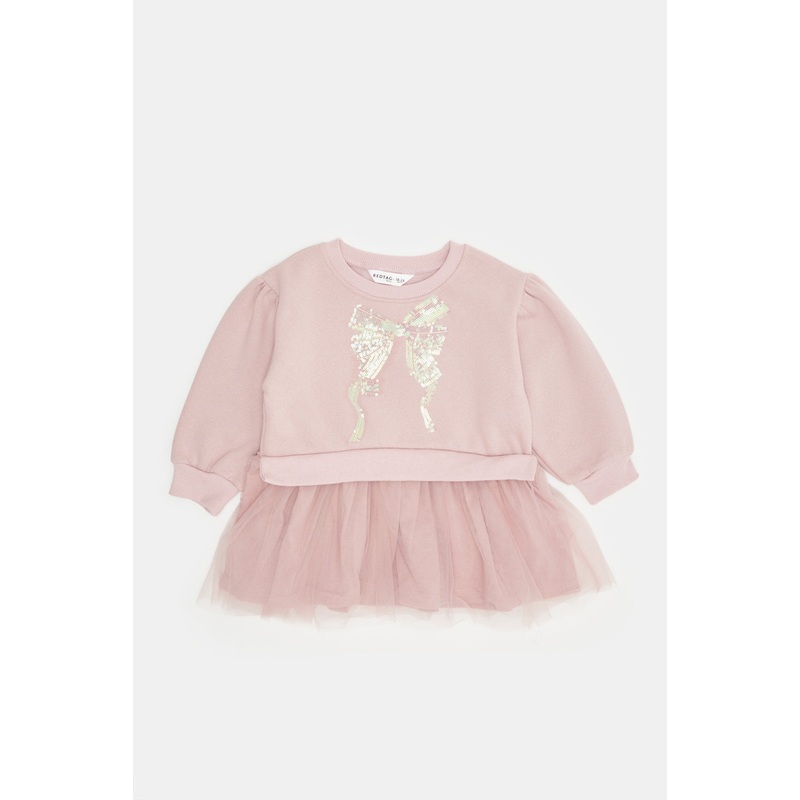Infant Girls Pink Sweat Dress with Tulle Skirt and Sequin Bow