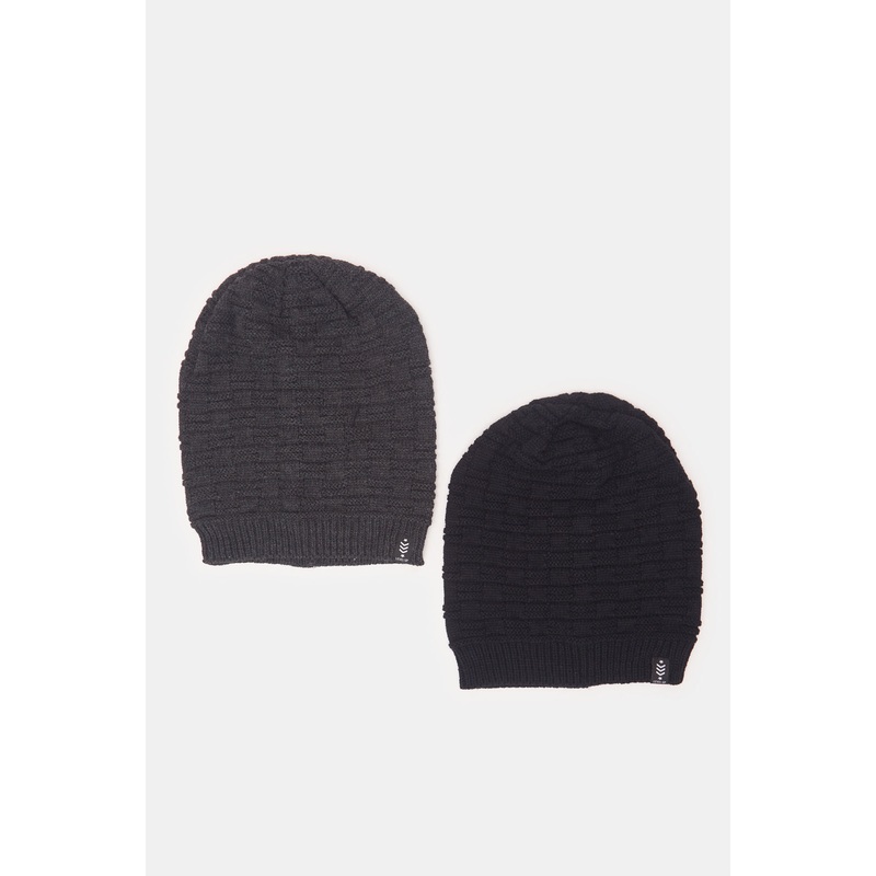 Men Grey And Black Knitted Cap Set (2 Piece)
