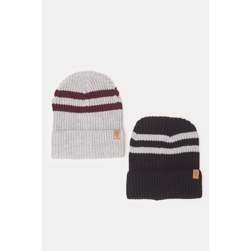 Men White And Black Knitted Cap Set (Pack of 2)