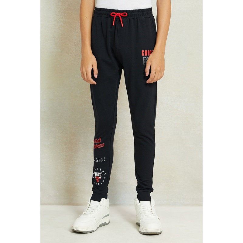 Senior Boys Black Chicago Bulls Printed Active Pants