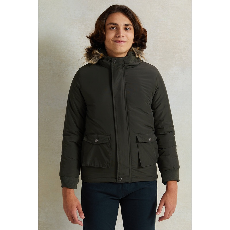 Senior Boys Olive Fur Hoodie Jacket