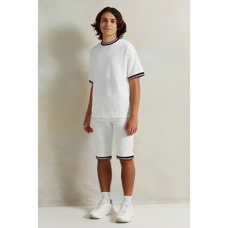 Senior Boys White Jacquard Casual Set With Tape (2 Piece)