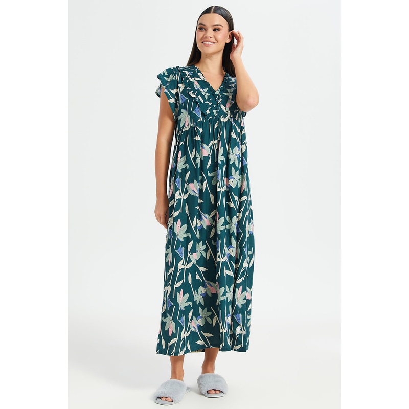 Women Green Floral Print Cap Sleeves Nightgown