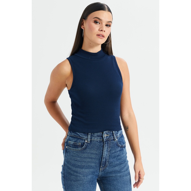 Women Navy High Neck Rib Top|UK8|UK10|UK12|UK14|UK16|UK18