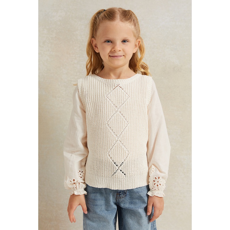 Girls Beige Embroidered Pullover