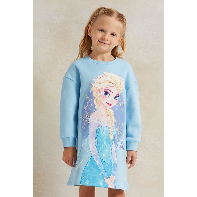 Girls Blue Printed Sweatshirt Dress