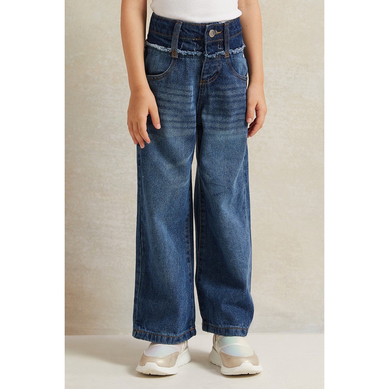 Girls Blue Wide Leg Double Waistband Denim Jeans