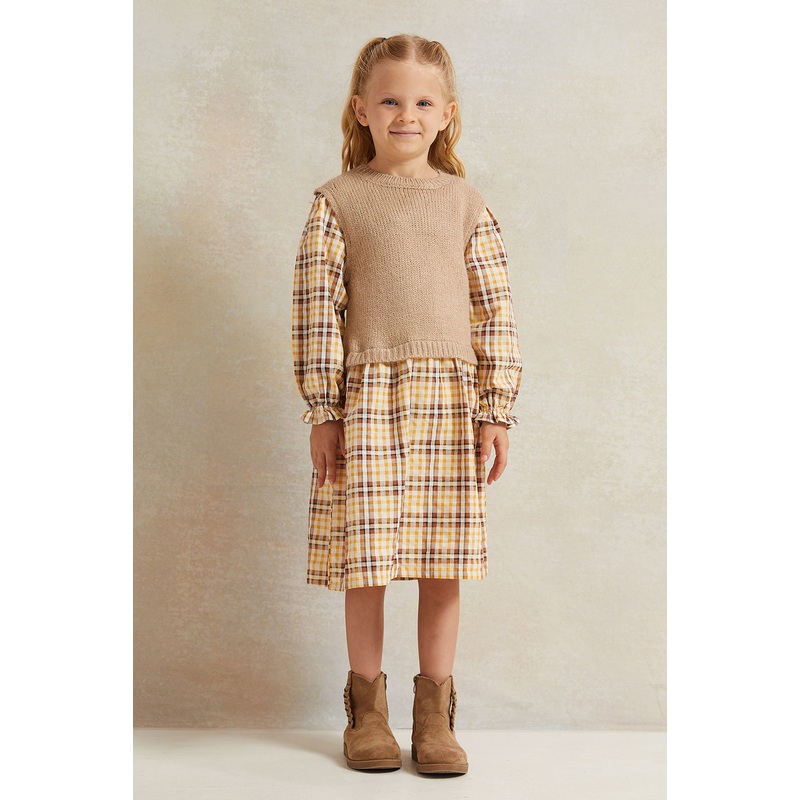 Girls Brown Checkered Dress With Rib Yoke