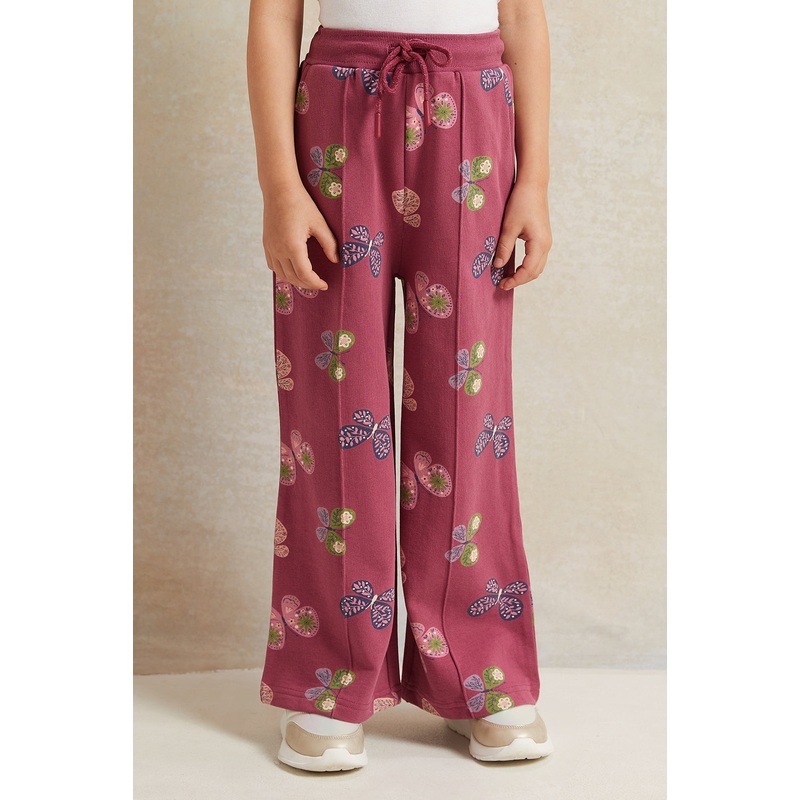Girls Burgundy Printed Wide Leg Active Pants