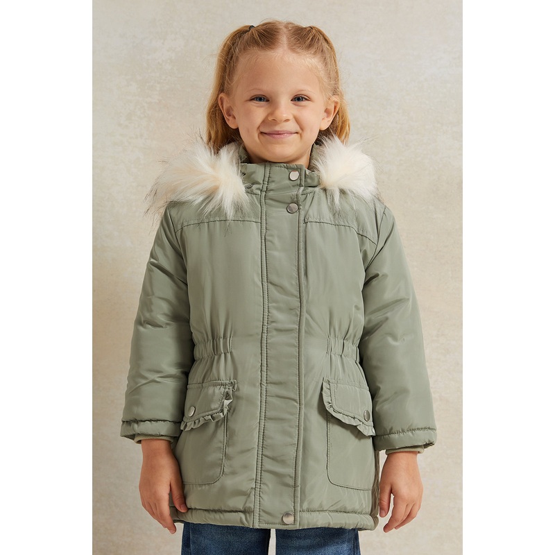 Girls Green Long Jacket Sherpa Hooded
