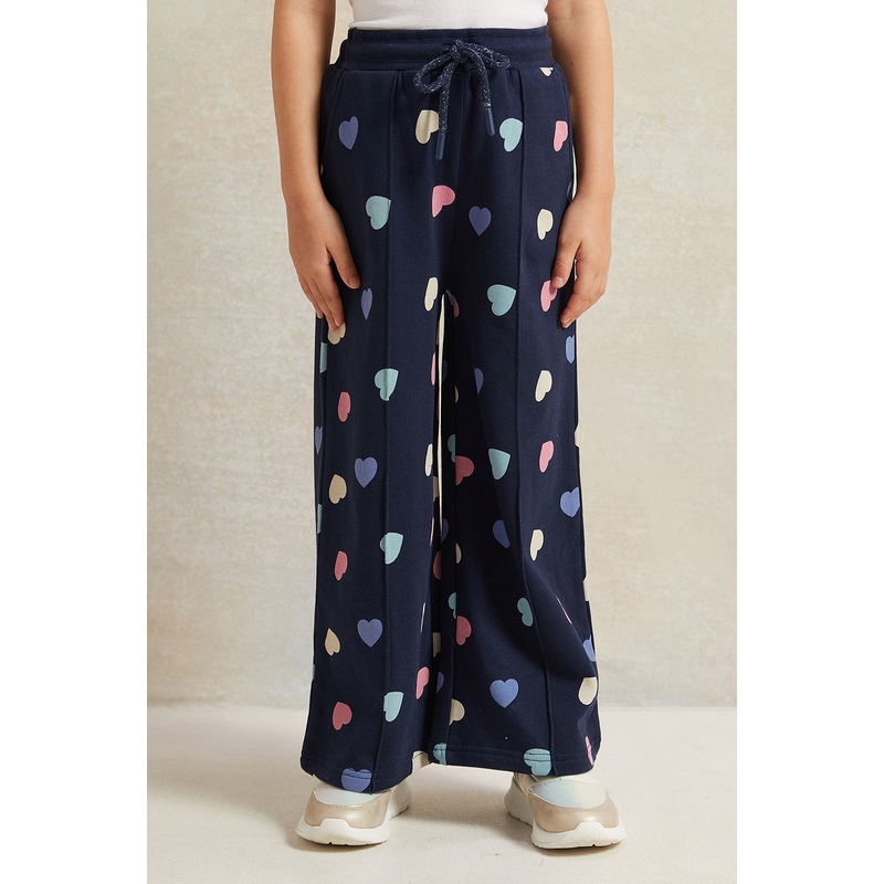 Girls Navy Heart Print Wide Leg Active Pants