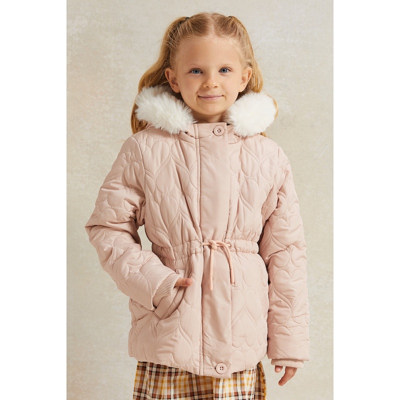 Girls Pink Long Jacket Sherpa Hooded