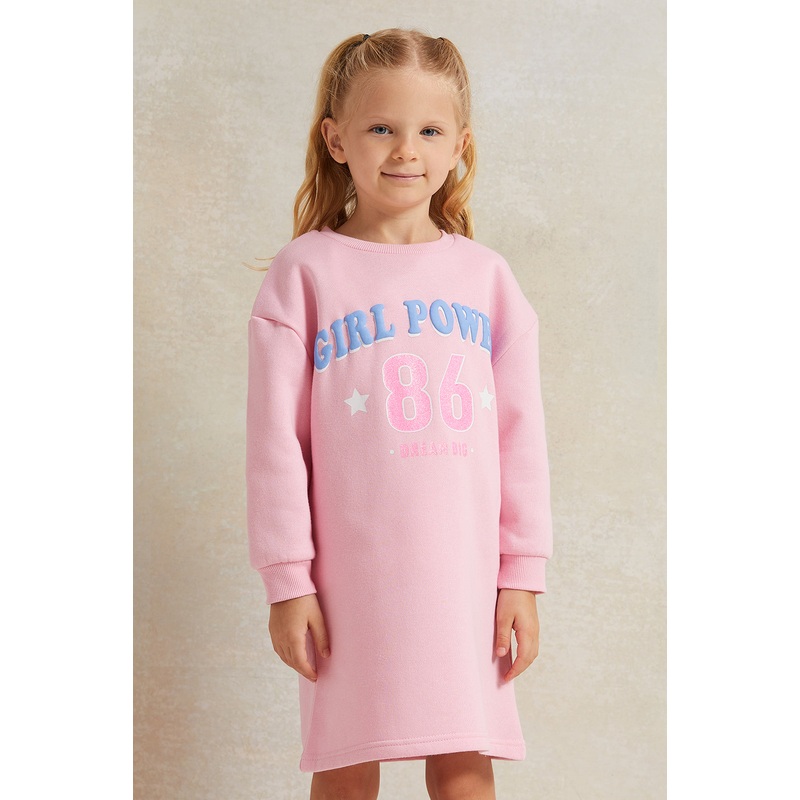 Girls Pink Printed Sweatshirt Dress