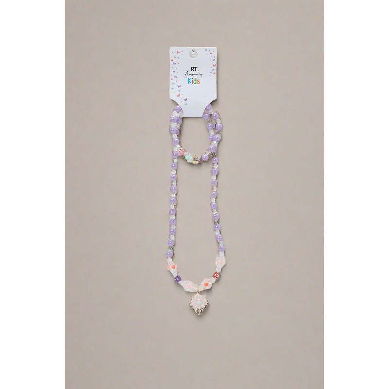 Girls White And Purple Necklace And Bracelet Set (2 Piece)